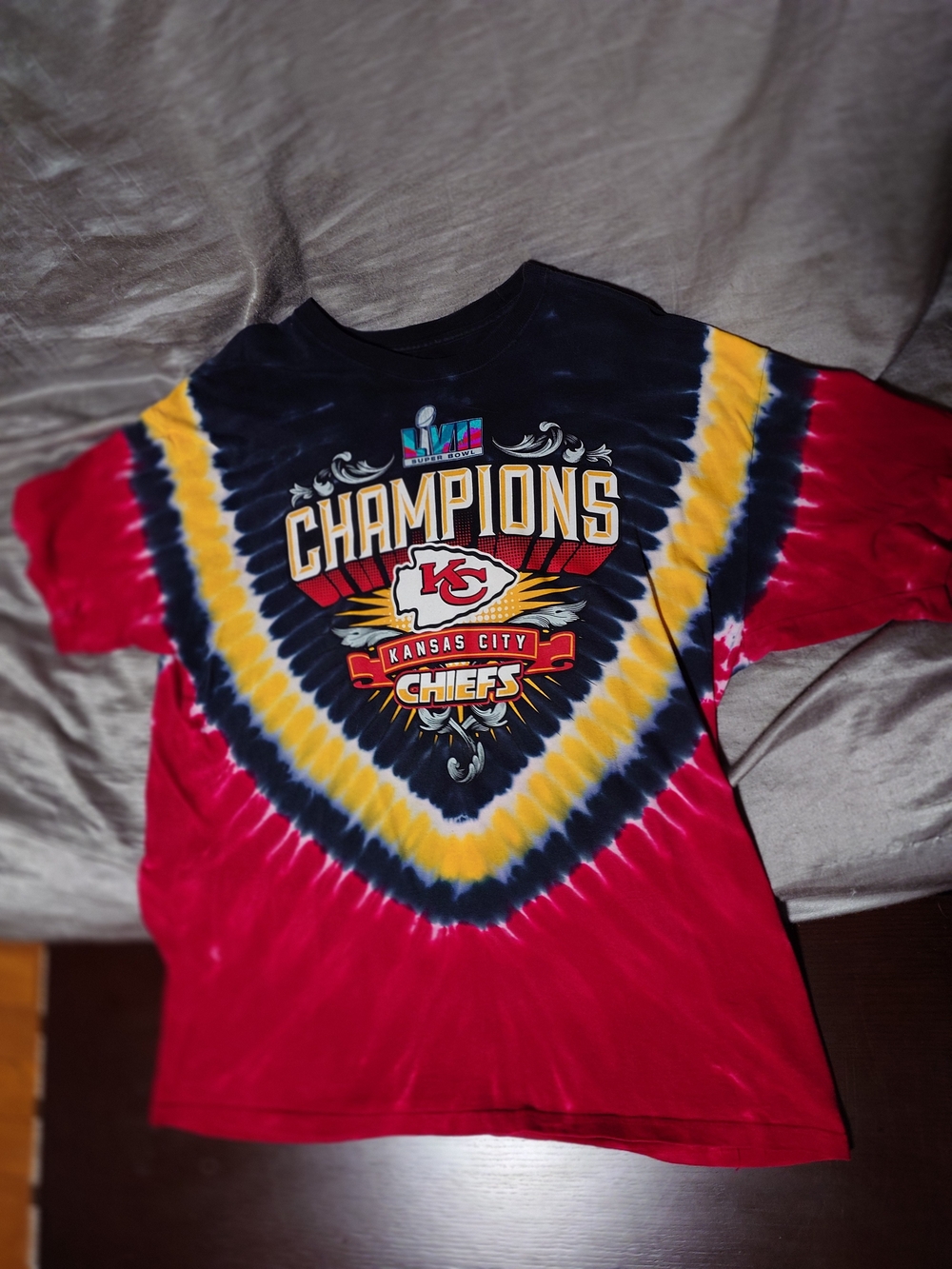Kansas City Chiefs Tie-Dye Super Bowl LVII Champions Tee - Red, Yellow, Black